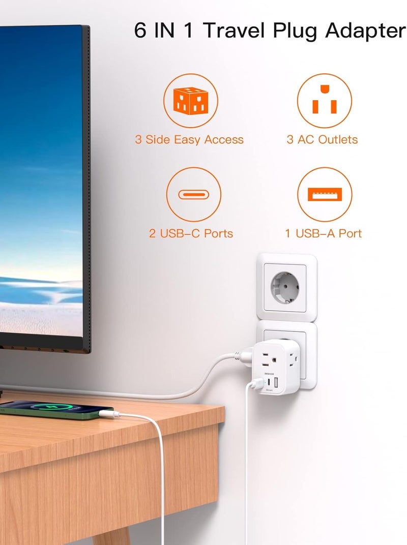 BESHON 【2-Pack】 European Travel Plug Adapter, International Power Plug Adapter with 3 Outlets 3 USB Ports(2 USB C), Type C Plug Adapter Travel Essentials to Most Europe Spain Italy France Germany - Image 2